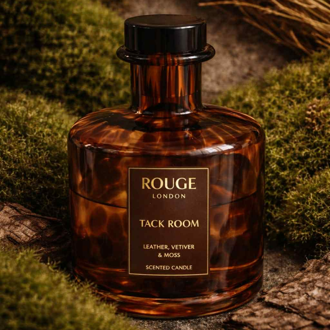 Rouge London Tack Room scented reed diffuser with tortoiseshell pattern on a natural background
