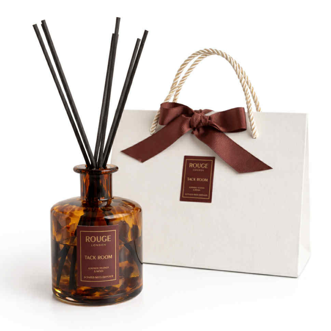 Tack Room Reed diffuser with tortoiseshell design with luxury cream hand bag style box and ribbon

